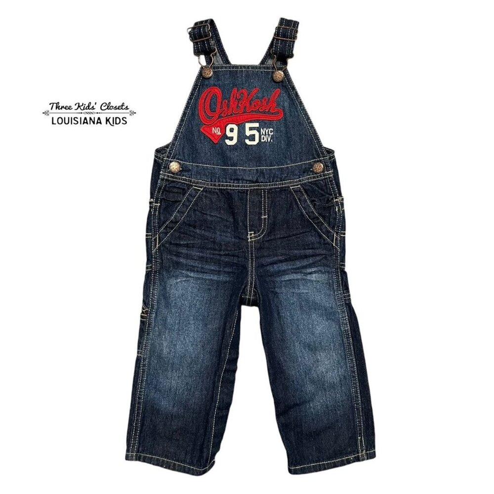 OshKosh 18m Denim Red Logo Appliqué Overalls